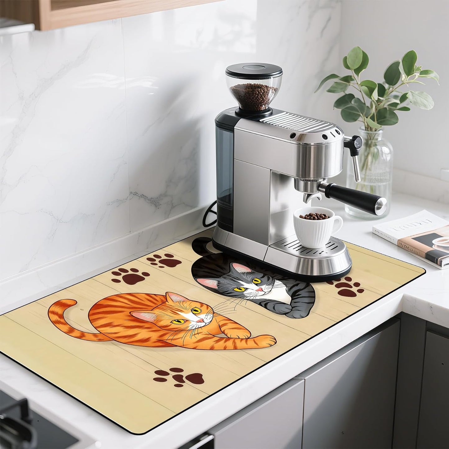 17"x 32" Coffee Bar Mat, Cats Absorbent Dish Drying Mat Cuttable Hide Stain Draining Table Pad for Kitchen Counter, Coffee Bar Accessories