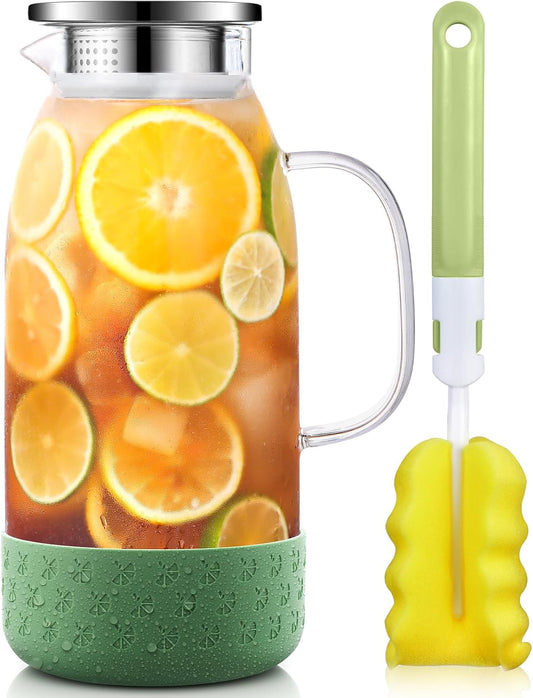 Glass Pitcher with Lid, ZBUFAN 68oz/2 Liter Glass Water Pitcher with Handle and Lid, Anti-Slip Base Juice Jug for Ice Tea, Sun Tea, Sangria, Lemonade Fridge Pitchers for Drinks Green
