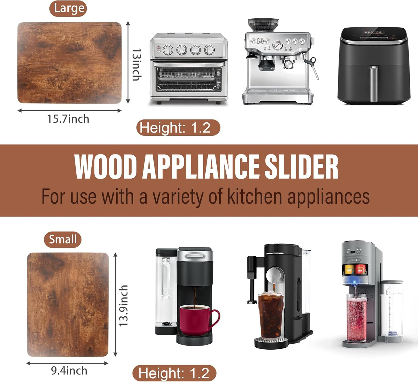 360° Appliance Slider Sliding Tray, Coffee Maker Rolling Tray for Counter Under Cabinet Coffee Pot Mat for Espresso Machine, Toaster, Air Fryer, Quiet Wheels, Brown (Large 15.7"×13")