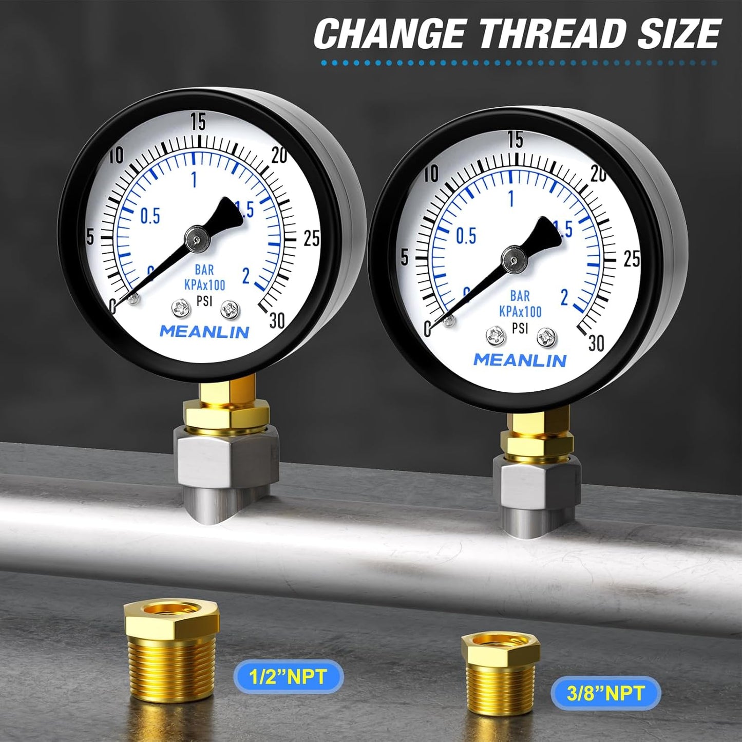 MEANLIN MEASURE 0-30Psi 2" DIAL FACE 1/4" NPT Well Pump Pressure Gauge, with 1/2" NPT and 3/8" NPT Hex Bushing, 3-2-3% Accuracy, Lower Mount