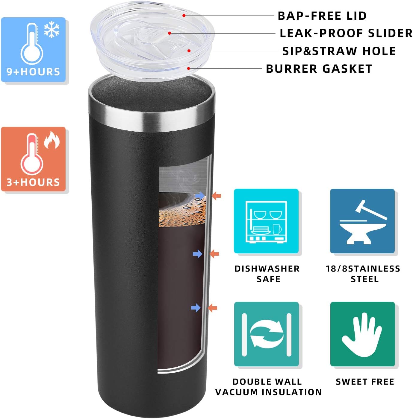 HASLE OUTFITTERS 20 oz Skinny Tumblers Bulk Set, Stainless Steel Insulated Slim Tumblers with Lids, Reusable Double Wall Travel Coffee Mugs, Durable Powder Coated Travel Water Cups(Black, 8)