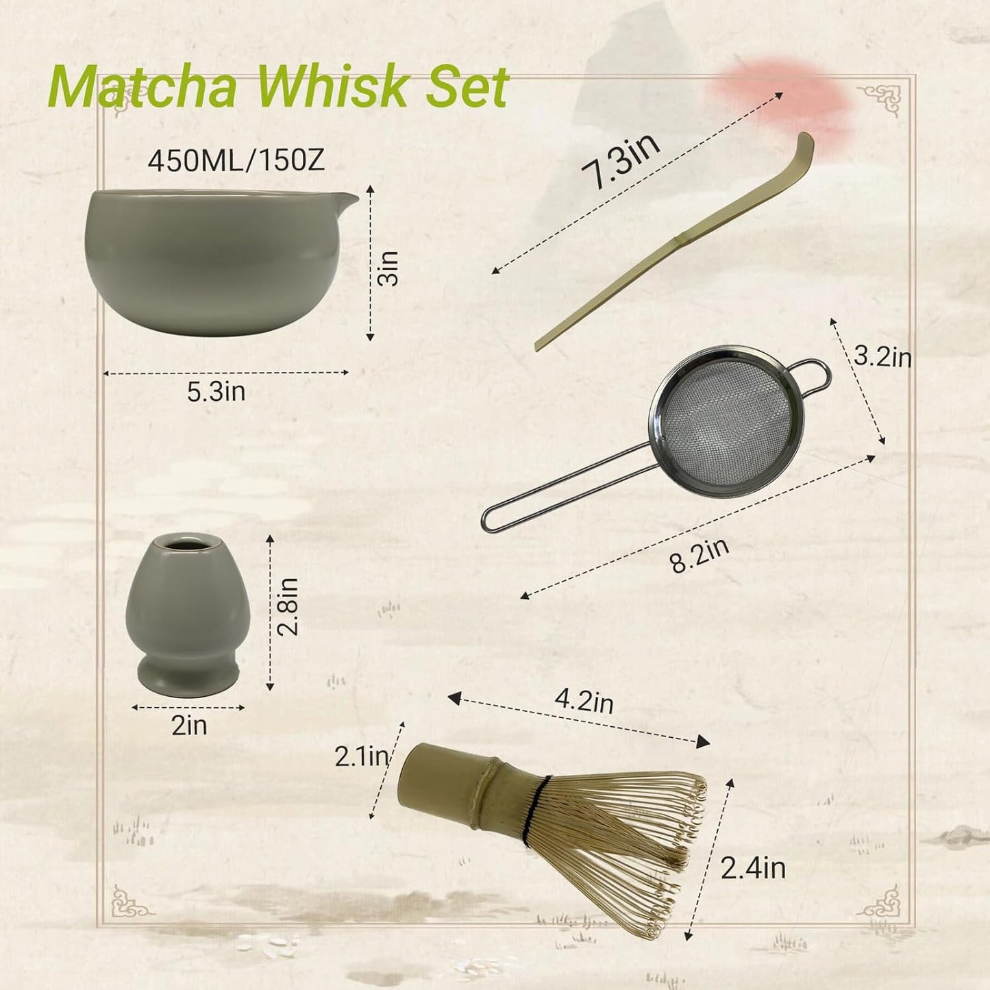 Matcha Whisk Set – 5 Pcs Matcha Set Whisk and Bowl with Spout, Bamboo Scoop, Sifter & Holder – Ru Kiln Matcha Bowl Japanese Tea Kit for Gifts, Home Use & Ceremonial Rituals (White)