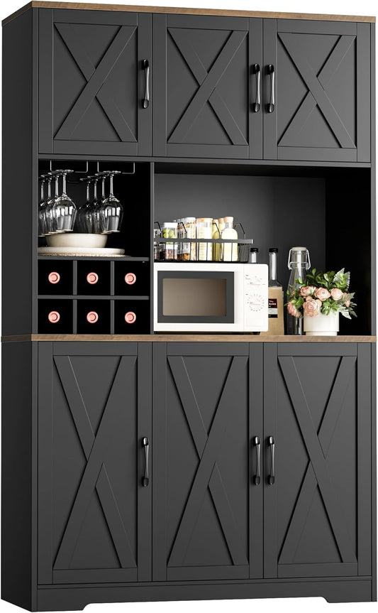 HOSTACK Kitchen Pantry Storage Cabinet, 71" Tall Food Pantry Cabinet with Microwave Stand, Farmhouse Kitchen Hutch, Coffee Bar Hutch with Wine Rack for Dining Room, Living Room, Black