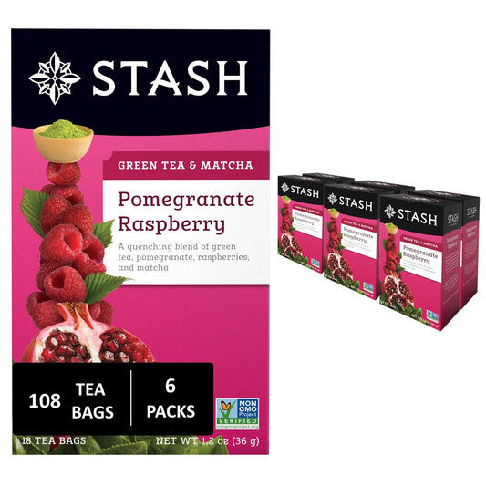 Stash Tea Pomegranate Raspberry & Matcha Green Tea - Caffeinated, Non-GMO Project Verified Premium Tea with No Artificial Ingredients, 18 Count (Pack of 6) - 108 Bags Total