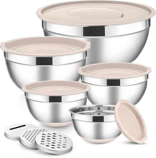 E-far Stainless Steel Mixing Bowls with Lids Set, 5-Piece Nesting Salad Bowls with 3 Grater Attachments and Non-Slip Bottoms, Size 4.6, 2.6, 2, 1.5, 1QT for Kitchen (Khaki)