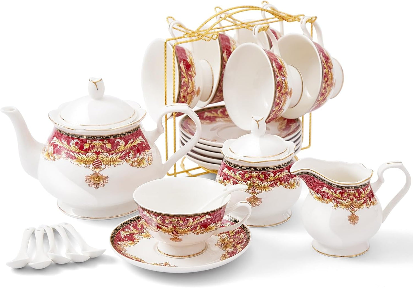 DUJUST 22 pcs Royal Vintage Porcelain Tea Set for 6, Luxury British Tea Sets for Adults with Red Patterns & Golden Trim, Beautiful Floral Tea/Coffee Cup Set, Gift Package - Royal Treat for You
