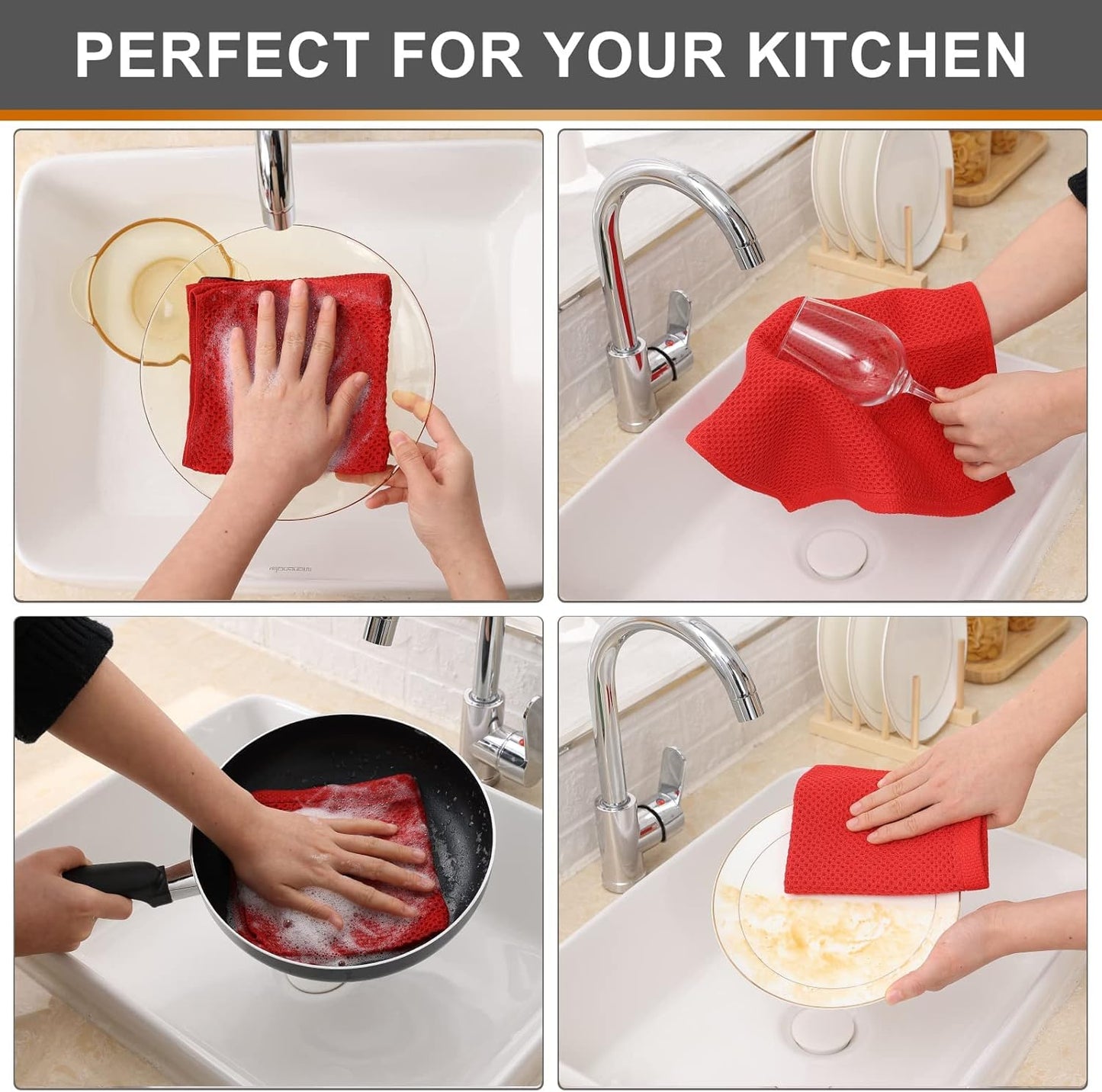 Kitinjoy 100% Cotton Kitchen Dish Cloths, 12 Pack Waffle Weave Ultra Soft Absorbent Dish Towels for Drying Dishes Quick Drying Kitchen Towels Dish Rags, 12 X 12Inch, Red