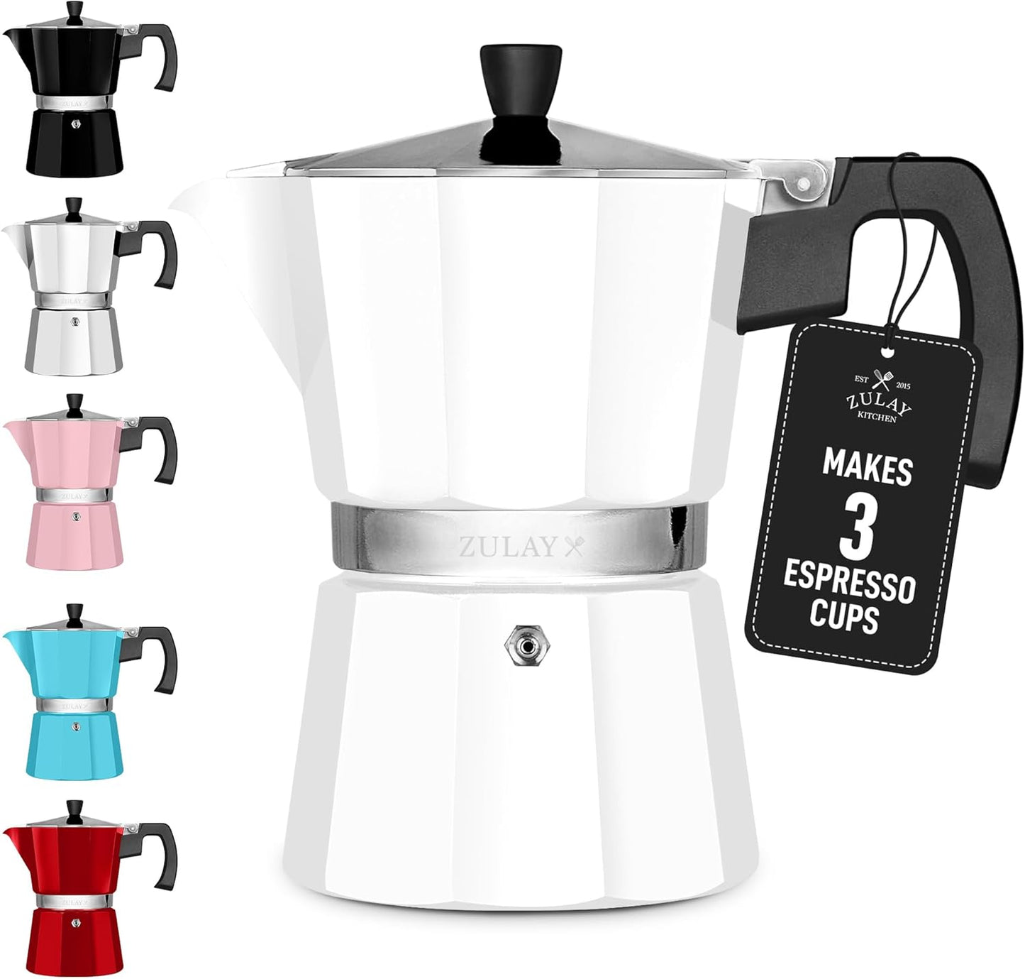 Zulay Moka Pot Espresso Stovetop Coffee Maker - Leak-Proof, Stainless Steel, Easy to Clean, Heat Resistant Handle & Knob - for Authentic Cuban & Italian Style Espresso - Makes 3 Espresso Cups - White