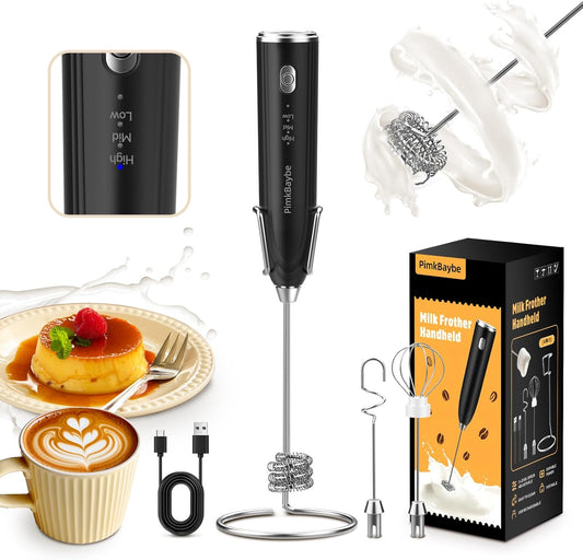 Electric Milk Frother Handheld, Triple-whisk 3-Speed Coffee Drink Mixer with 3 Stainless Steel Whisks (Including Triple-Spring Frothing Whisk) – Stand Included for Cappuccino, Latte, Egg Whisking