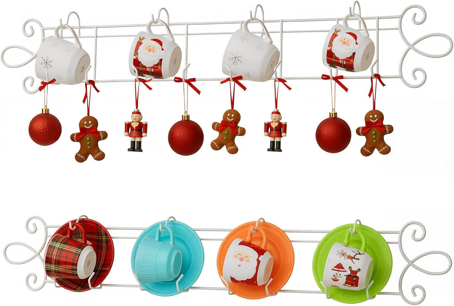 Blulu 2 Pcs 4-Tier Tea Cup & Saucer Display Stand - Horizontal Wall Mounted Organizer, Farmhouse White Brackets for Coffee Mugs/China Plates, Decorative Wall Plate Hangers, 45'' x 5.5''