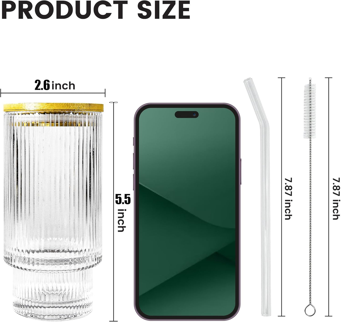 11oz Glass Tumbler with Straw and Lid Ribbed Vintage Iced Coffee Glasses for Tea Soda Cocktail Smoothie(Ribbed*2)