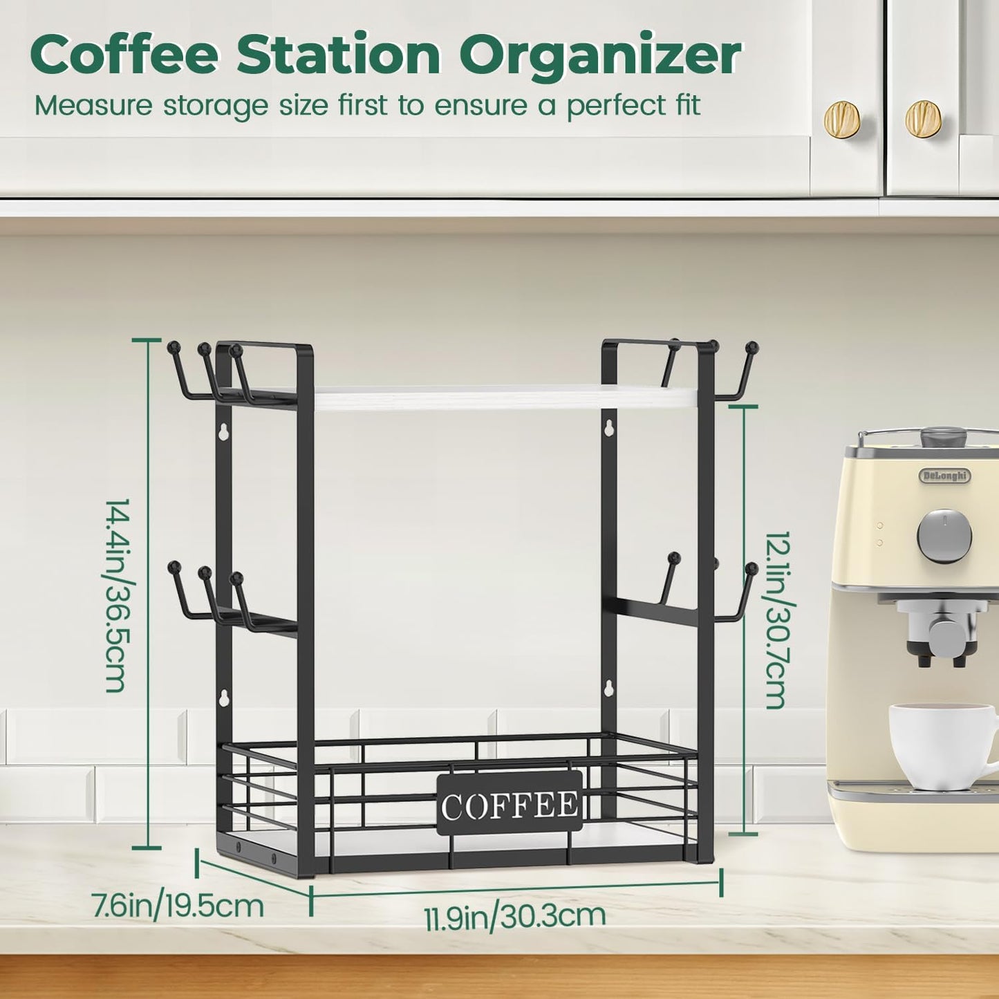 EsLuker.ly Coffee Mug Cup Holder Stand Bar Station Organizer for Countertop, Multi-Functional 2 Tier Mug Tree Rack for Kitchen, Storage Shelf with 12 Hooks, White-Black(Patented Design)