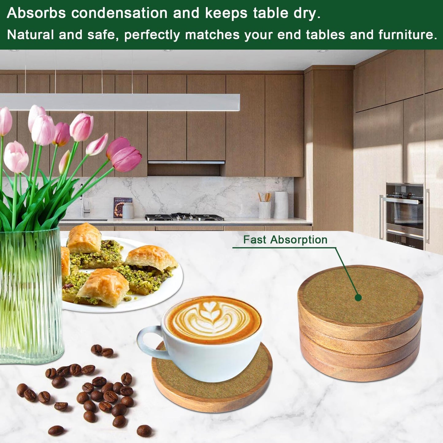 5 Pack Brown Wooden Coasters with Felt Pads, Non-Slip, Non-Stick, Absorbent, Round, 4.3 Inch, Perfect for Coffee Tabletop Protection