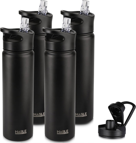 HASLE OUTFITTERS Insulated Water Bottle 22 oz Double Wall Stainless Steel Water Bottle Wide Mouth with Straw Lid & Spout Lid Keeps Cold or Hot(Black,4)
