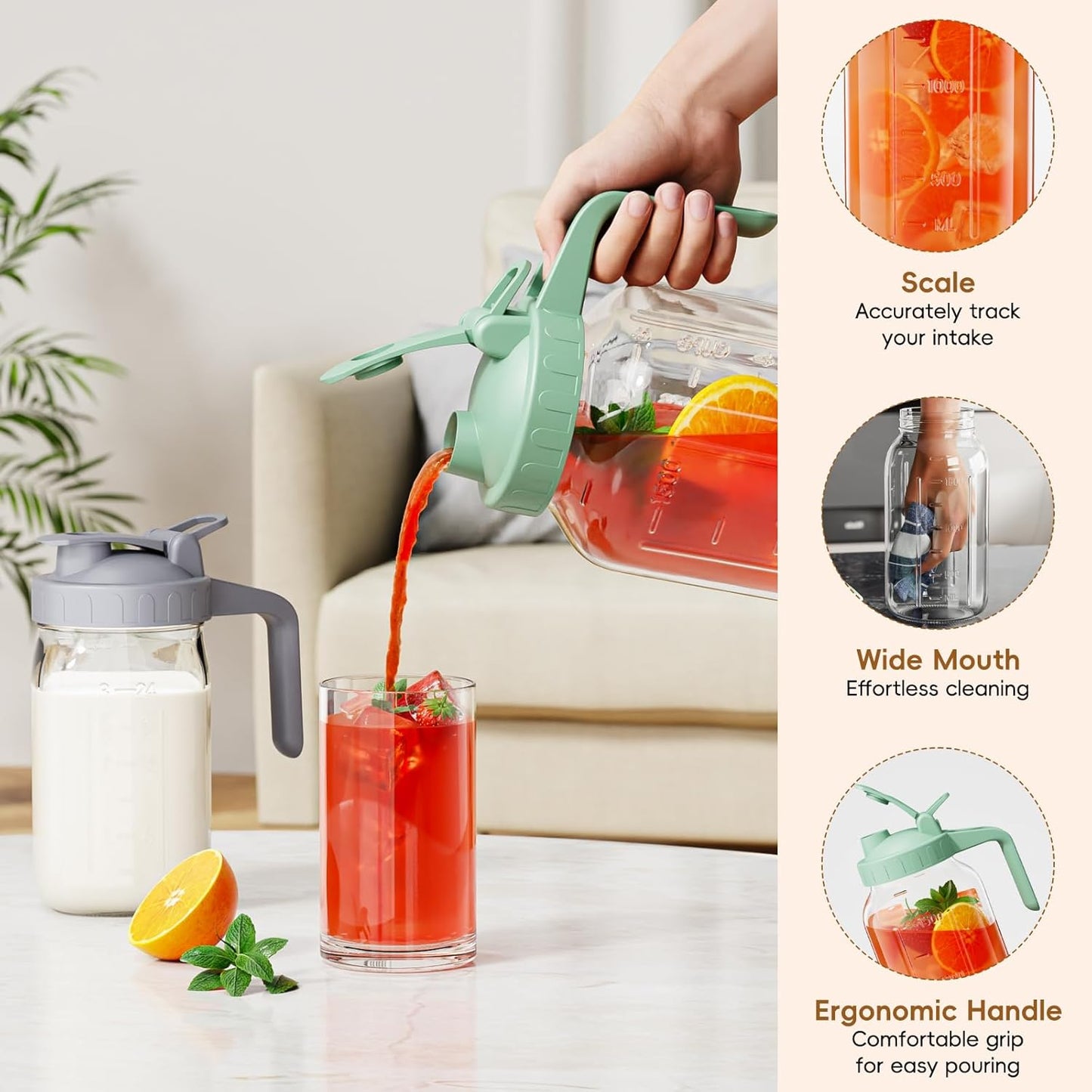 Glass Mason Jar Pitcher, 64 oz Wide Mouth Jug with Pour Spout Handle Lid for Cold Brew Coffee, Ice Beverage, Iced Juice, Lemonade, Sun Tea, Fruit Drinks Container