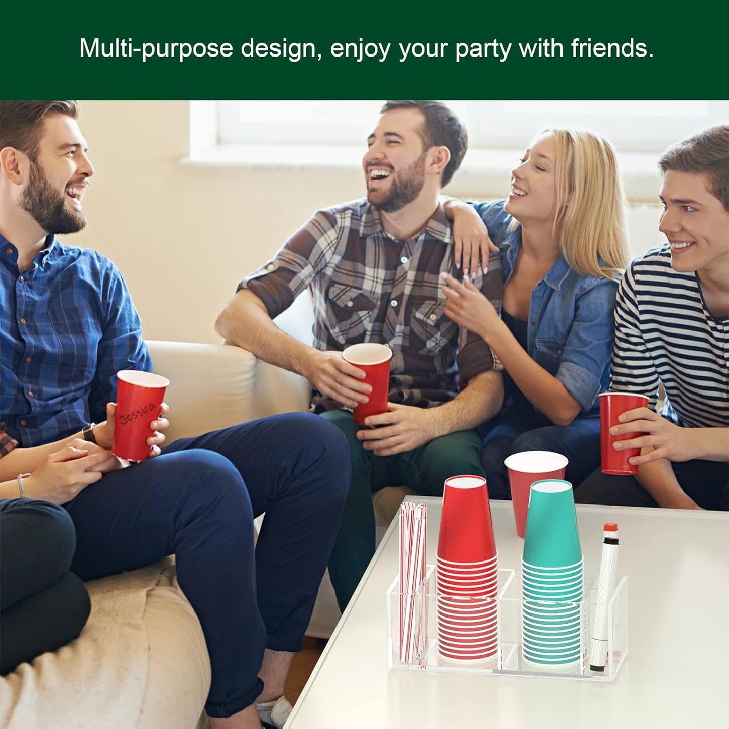 Double Cup Holder with Marker Slot, Party Cup Dispenser Acrylic Cup Organizer Mark Your Cup and Drink Up Caddy Modern Bar Counter Decor, Clear