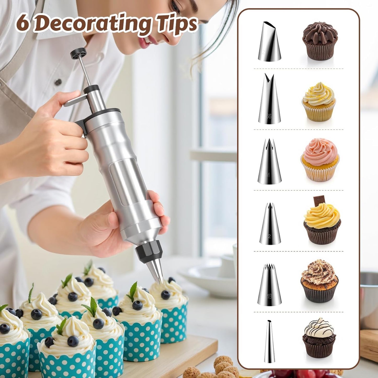 Dessert Decorating Syringe Set, Stainless Steel Frosting & Icing Piping Kit with 6 Tips and 9 Silicone Cupcakes,3 Cream Scraper for Cake Decorating Tools Cupcake Decorating Kit