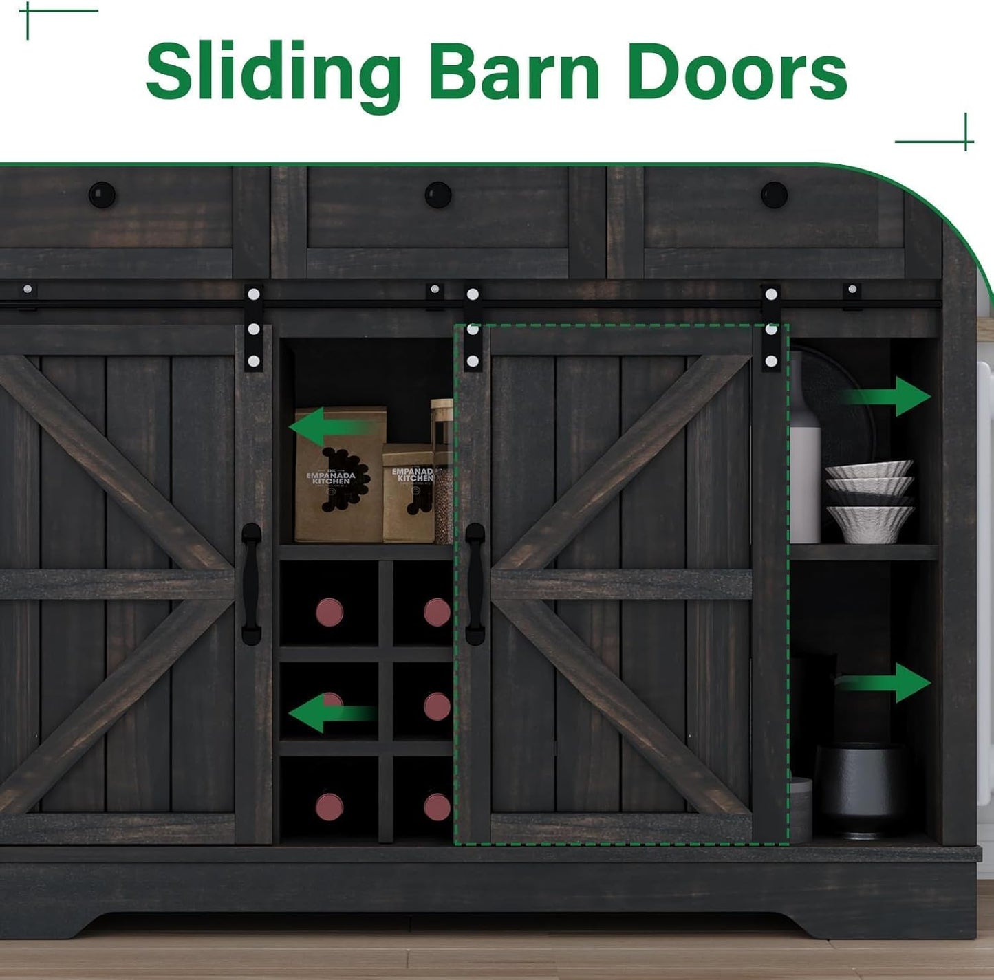 4 EVER WINNER 72" Coffee Bar Cabinet with Sliding Barn Door & Wine Racks, Hutch Cabinet with Storage and 3 Drawers, Farmhouse Coffee Bar with Wine Glass Holder for Dining Room Kitchen (Rustic Oak)