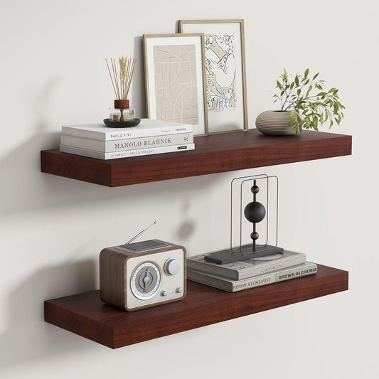 Fun Memories Rustic Floating Shelves for Home Decor, 8 Inch Deep Floating Shelf, Solid Wood Floating Wall Shelves 24 Inch Long, Deep Wall Shelves for Bathroom, Living Room, Walnut Finsh, Set of 2