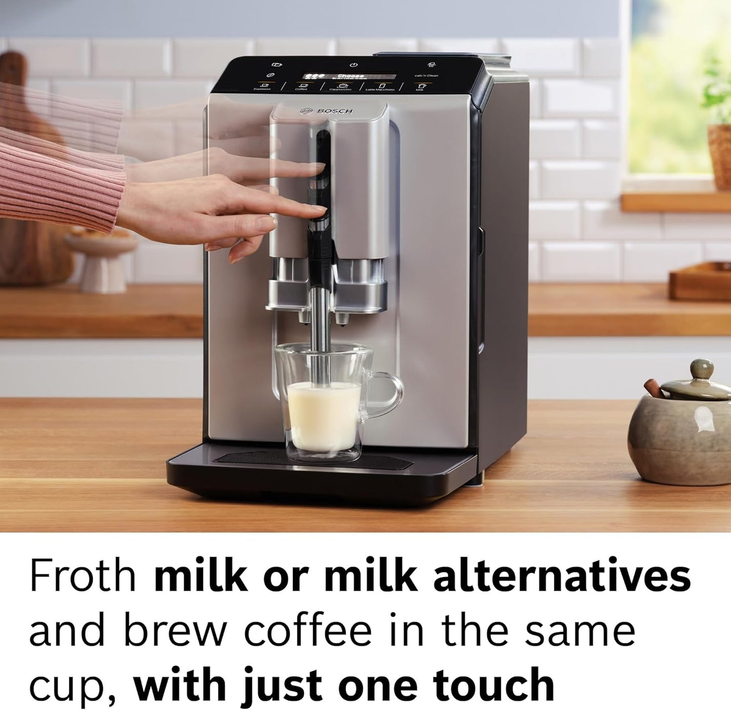 Bosch 300 Series Fully Automatic Espresso and Coffee Machine – In-Cup Frother, OneTouch Milk Drinks, 5 Drink Options, Ceramic Grinder, Easy Clean & Descale, in Silver TIU20307