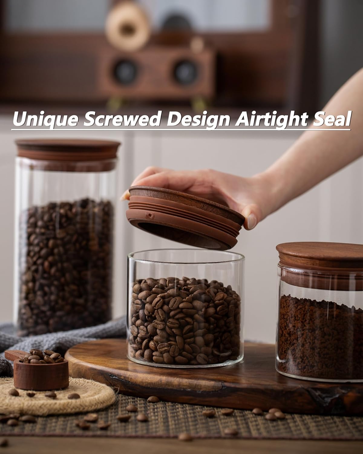 500ml Glass Coffee Canister with Wooden Lids and Scoop, Kitchen Coffee Container Set of 2 Hold Up to Total 12 oz of Coffee Bean, Airtight Food Storge Jars for Ground Coffee Bar Cereal Snack
