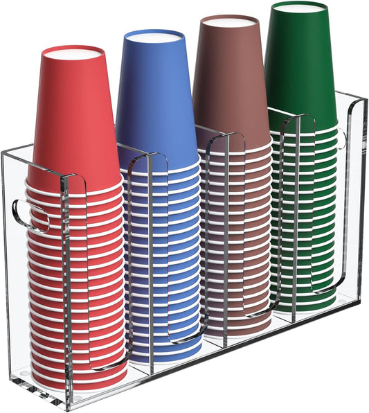 Disposable Coffee Cup Dispenser with Handles, Countertop or Wall Mount Hot/Cold Drink Cup and Lid Holder - Bathroom/Kitchen/Office Acrylic Cup Lid Storage Organizer (4 Compartments, Clear)