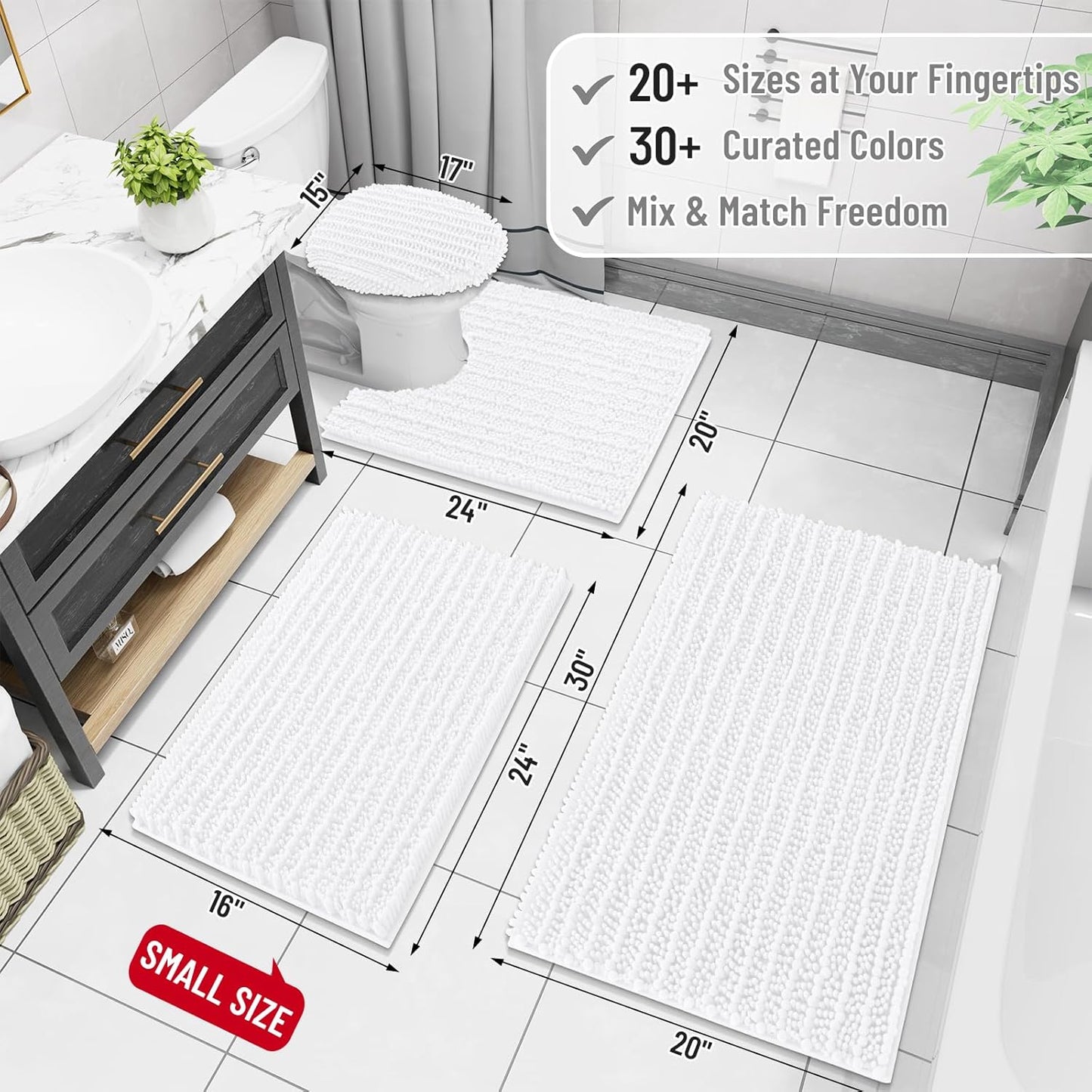 Arotive Luxury Chenille Bathroom Rug Mat, Extra Soft Thick Absorbent Shaggy Bath Rugs, Non-Slip Machine Wash Dry, Plush Bath Mats for Bathroom, Shower and Tub, 40x32, White