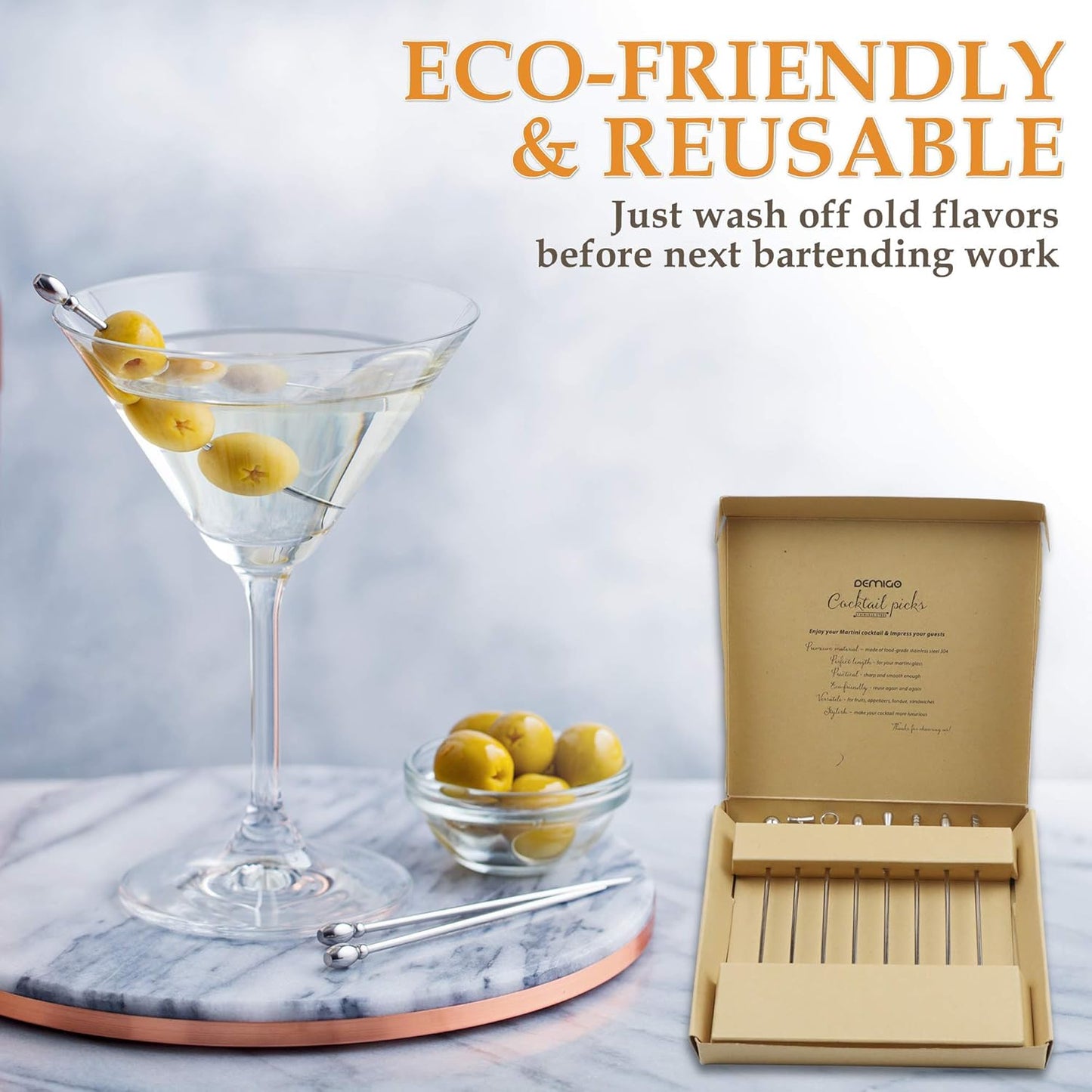 DEMIGO Cocktail Picks, 8 New Styles Stainless Steel Reusable Olive Stuffers Martini Picks set Fruit Toothpicks Garnish Skewers Appetizer Drink Stick for Bar party, Barbeque Snacks, Club sandwiches