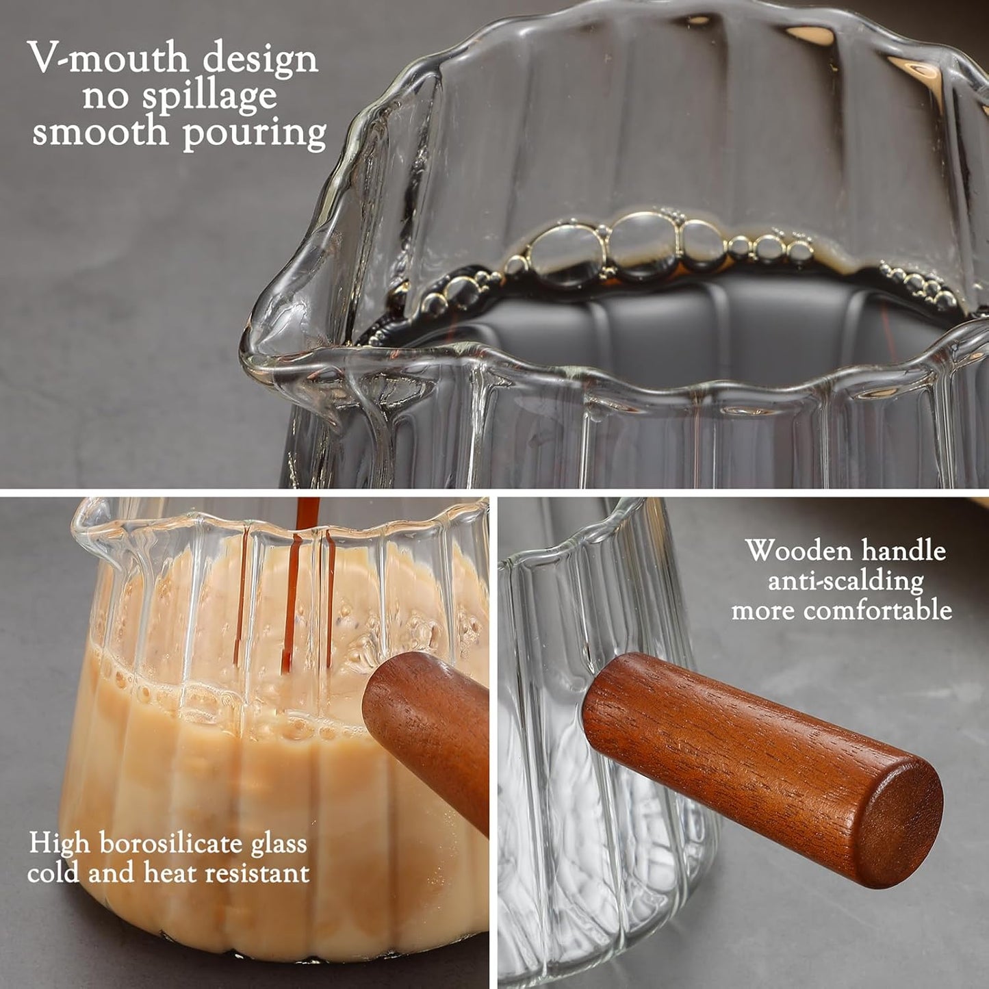 Espresso Cups 6 OZ, V-Shaped Spouts Cups, Espresso Shot Glasses with Wood Handle, Ribbed Milk Measuring Cup