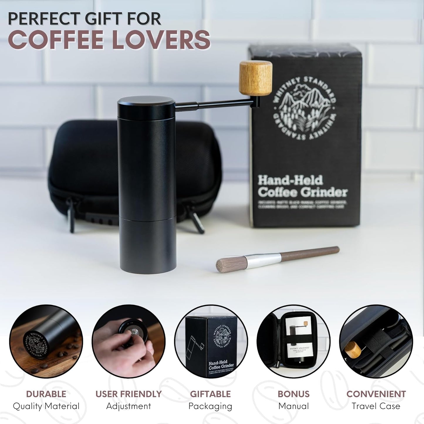 Manual Coffee Grinder | Coffee Gift Set | 6 Star Conical Burr Coffee Grinder with Adjustable Settings | Coffee Bean Grinder with Travel Case | Portable Hand Coffee Grinder