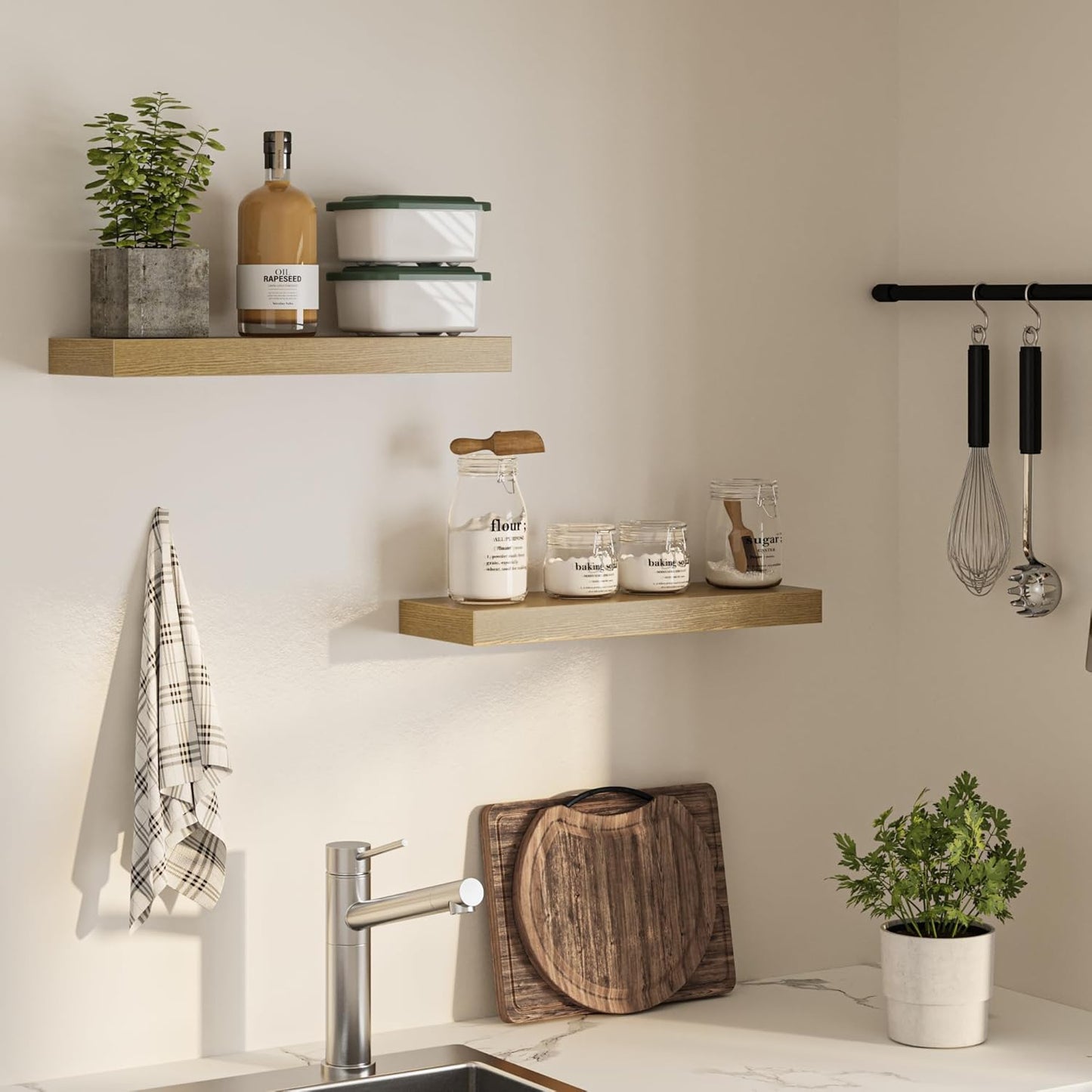 Floating Shelves for Wall, 24" W x 6.7" D x 1.5" H, Wooden Wall Mounted Display Shelves with Invisible Brackets for Living Room, Bedroom, Bathroom, Kitchen Decor and Storage, Set of 2, Oak