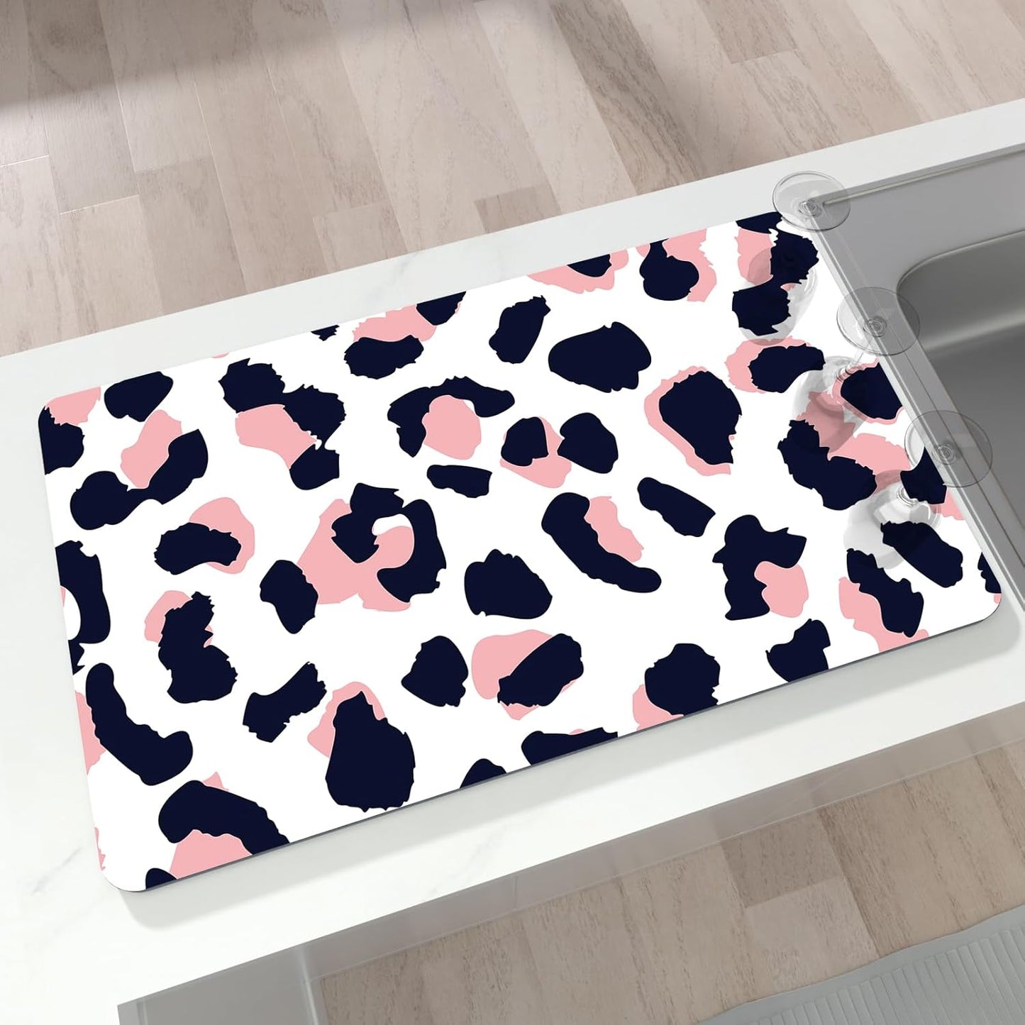 Dish Drying Mat 16" X 24", Super Absorbent & Cuttable Coffee Mats for Countertop, Kitchen Counter Mat Fits Under Coffee Maker or Machine, Hide Stain Drying Pad for Dish Drying Rack, Pink Leopard