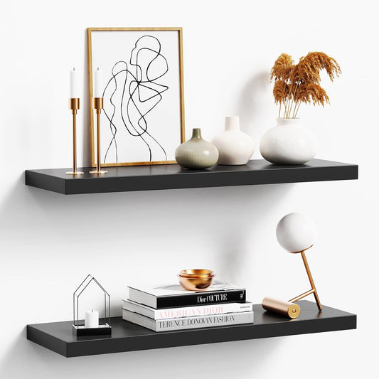 Floating Shelves for Wall, Black Wood Set of 2, 24" Mounted Shelf for Kitchen, Living Room, Bedroom, Bathroom Storage, Book Shelf, Home Decor, Frame Display