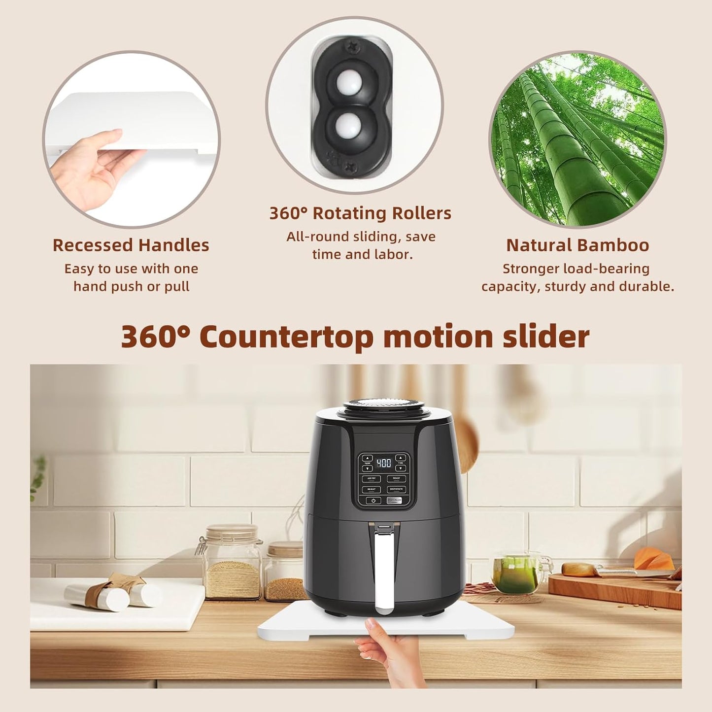 360° Rolling Tray Bamboo Appliance Slider for Kitchen Appliances, Coffee Maker Mat Tray for Countertops Sliding Tray for Coffee Maker Appliances Mat Easily from Under The Cabinet White 11.6×13.9