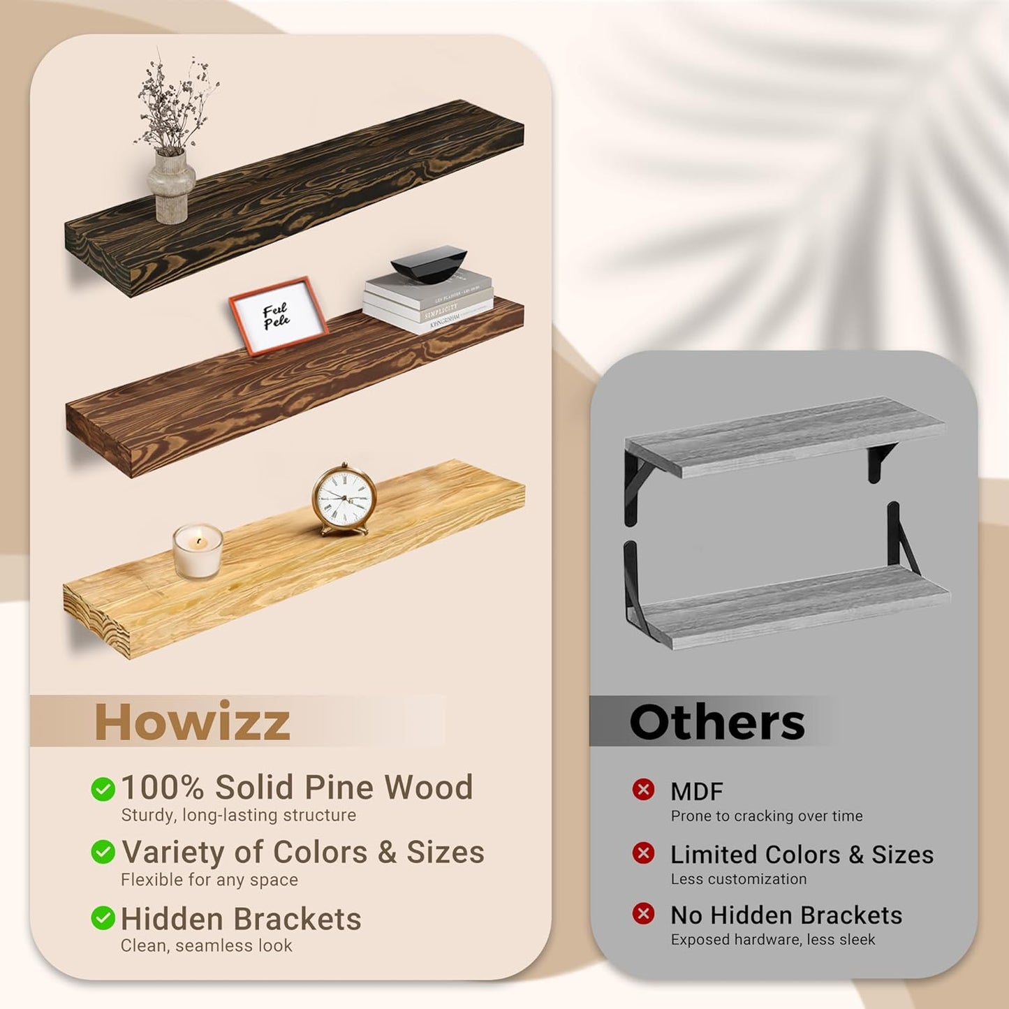 60'' Pine Wood Floating Shelf for Wall - Rustic Wall Mounted Wooden Shelf for Stylish Home Décor, Fireplace Mantel 60inch (Light Walnut, 60x8x2) - 1pcs