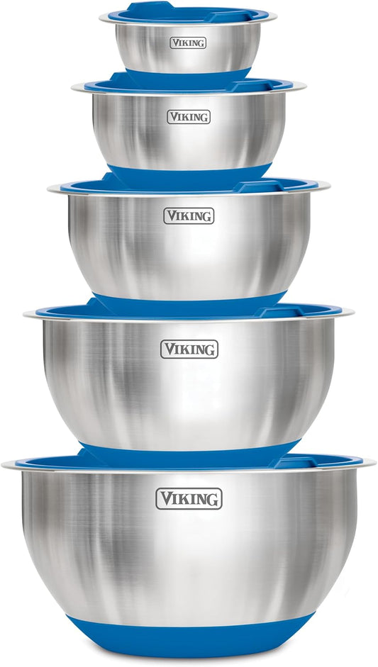 Viking Mixing Bowls Set, 10 Piece Stainless Steel Kitchen Cookware, Non-Slip Silicone Base, Includes Tight Fit Lids, Dishwasher Safe, Teal