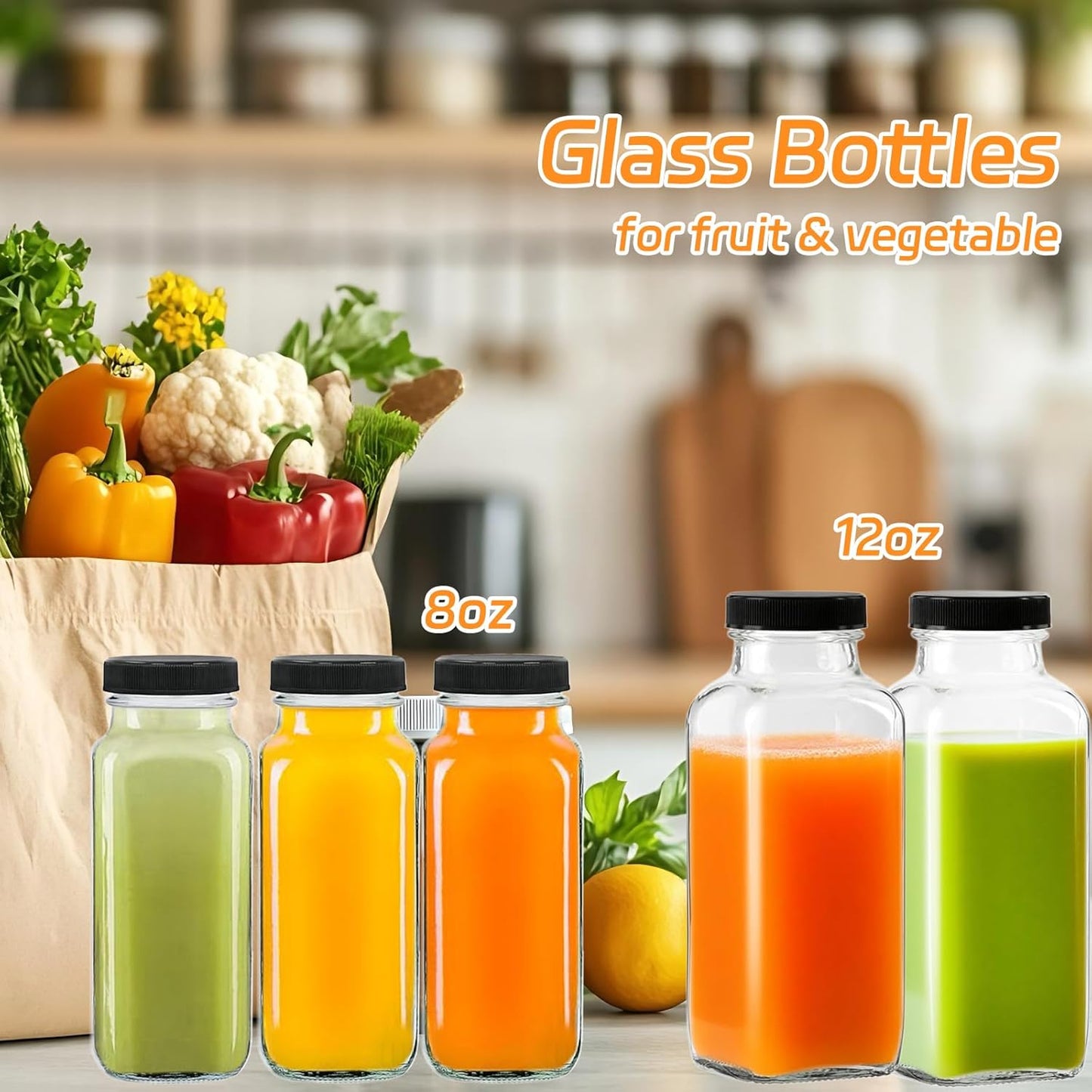 12 Pack 12oz Glass Drink Bottles with Lids, 360ml Vintage Glass Water Bottles with Caps, Reusable Juice Containers Drinking Jars for Juicing, Milk, Ginger, Kombucha, Beverages