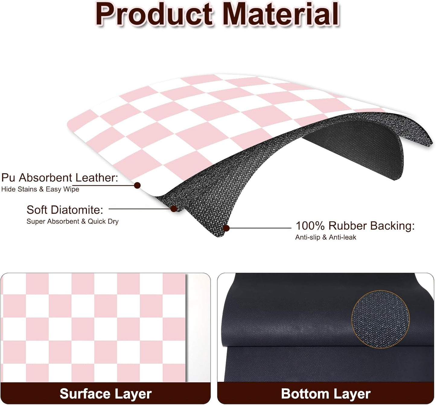 Dish Drying Mat for Kitchen Counter, 16.5’’ X 31.5’’ Absorbent Coffee Mat, Checkered Coffee Bar Mats for Espresso Machine Station, Hides Stains, Rubber Backed Dish Drying Pad, Pink & White