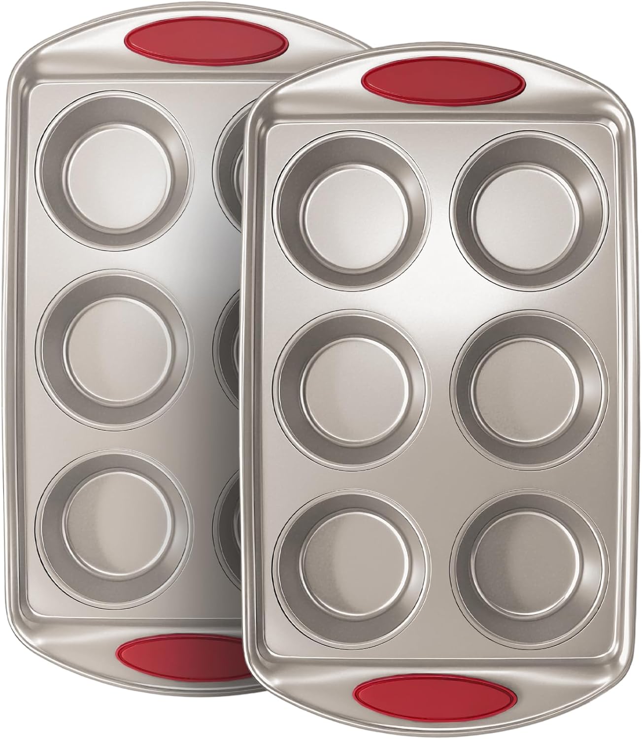 Muffin Pan 6-Cup, 2-Pack Nonstick 6 Tin Cupcake Pan with Silicone Grip Handles, Toaster Oven Baking Supplies Small Cheesecake Cup Cake Tray- Non-toxic & Dishwasher Safe