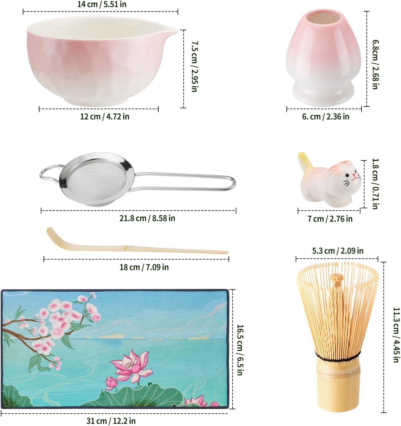 7 Pcs Matcha Whisk Set, Matcha Set Pink,Matcha Kit,Matcha Tea Set,Matcha Bowl Set with Pink Cat Scoop Holder, Tea Cloth, Sifter(Gradient Pink)