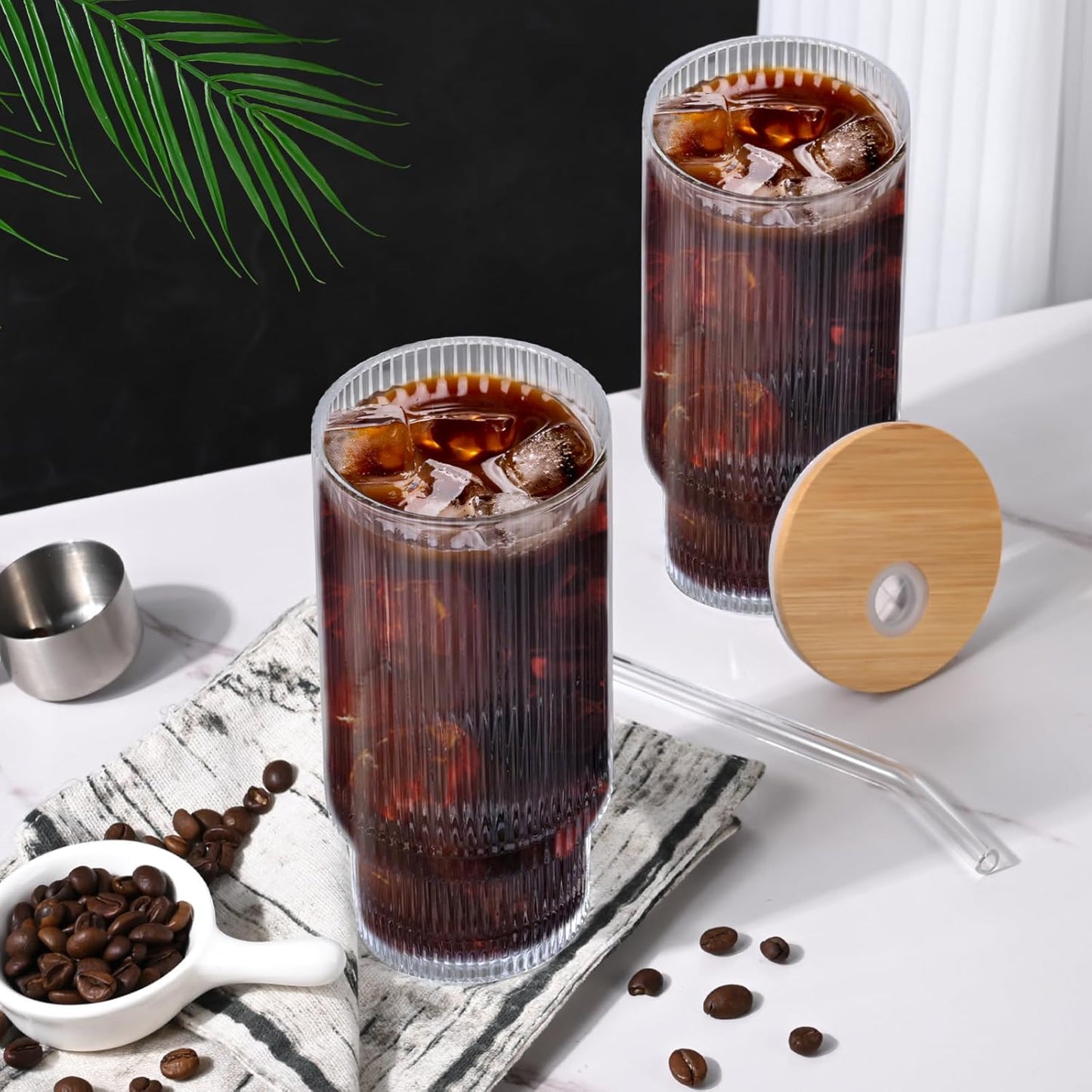 16OZ Ribbed Glass Cups with Lids and Straws,Iced Coffee Cups with Bamboo Lid,Vintage Glassware for Whiskey Cocktail Beer Fruit Juice Glasses Tumbler(4 Pack)