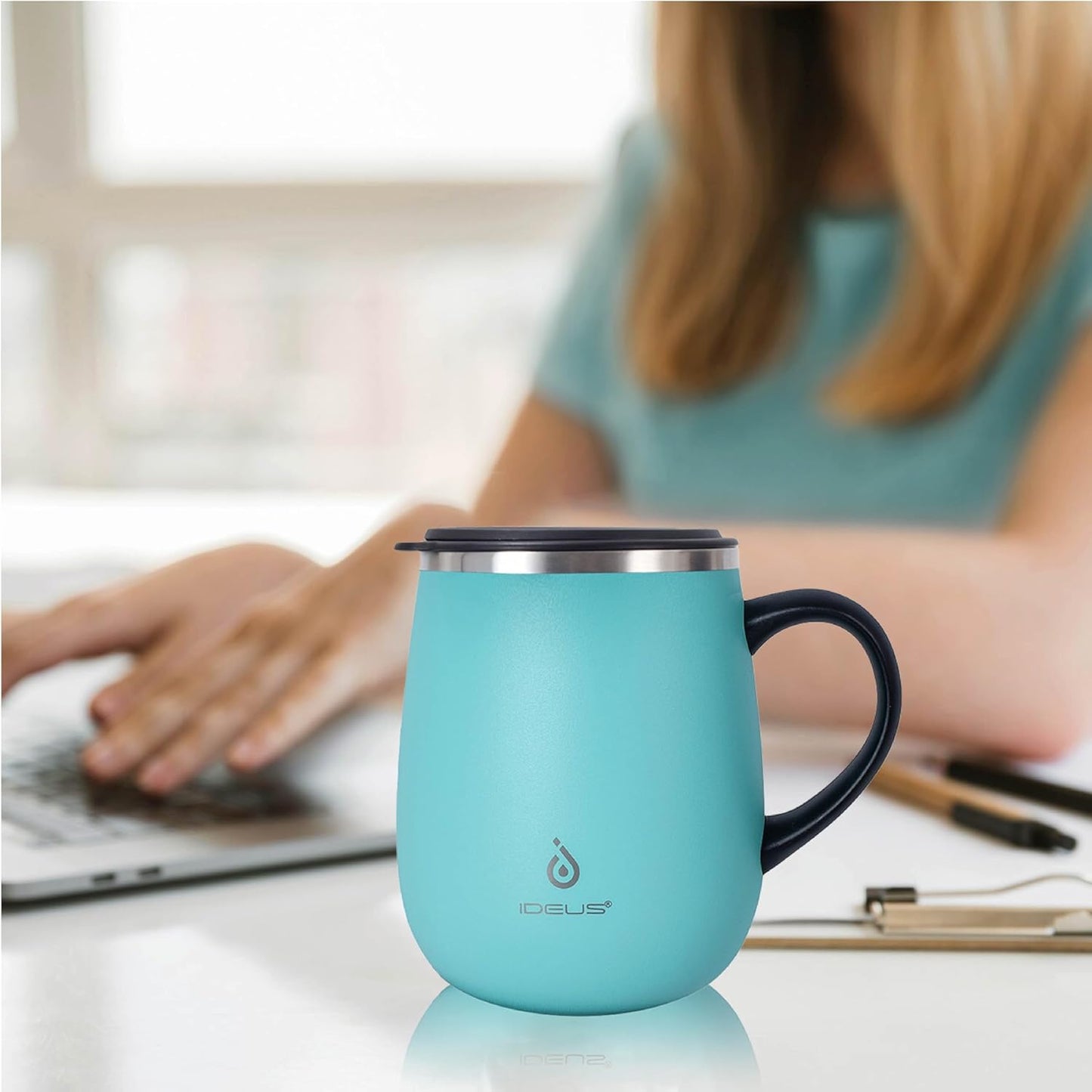 Ideus 16 oz (470 ml) Insulated Coffee Mug with Handle and Lid, Double Wall Stainless Steel Vacuum Thermal Coffee Mug, Travel Coffee Cup Thermal Cup for Home and Office (Sky Blue)