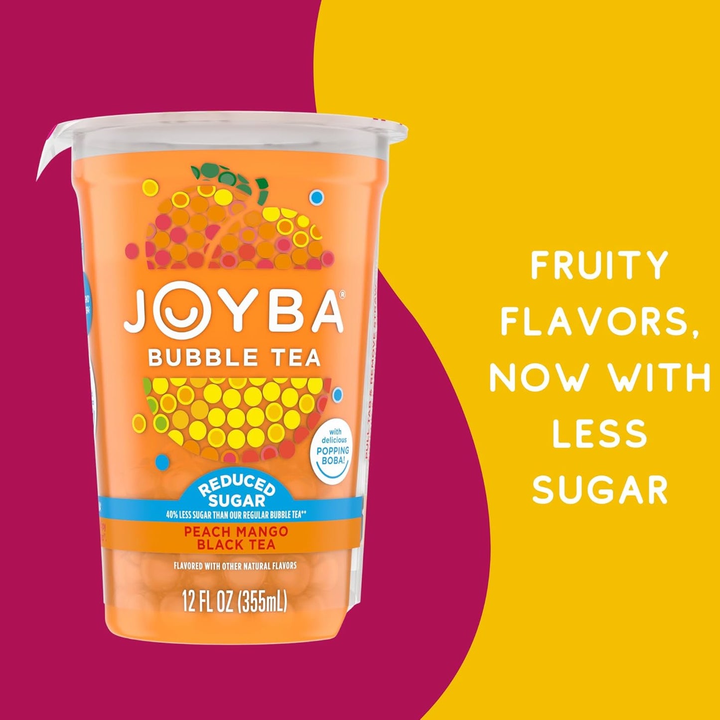 Joyba Reduced Sugar Peach Mango Black Tea Bubble Tea, 4 Pack, 12 fl. oz. Cups
