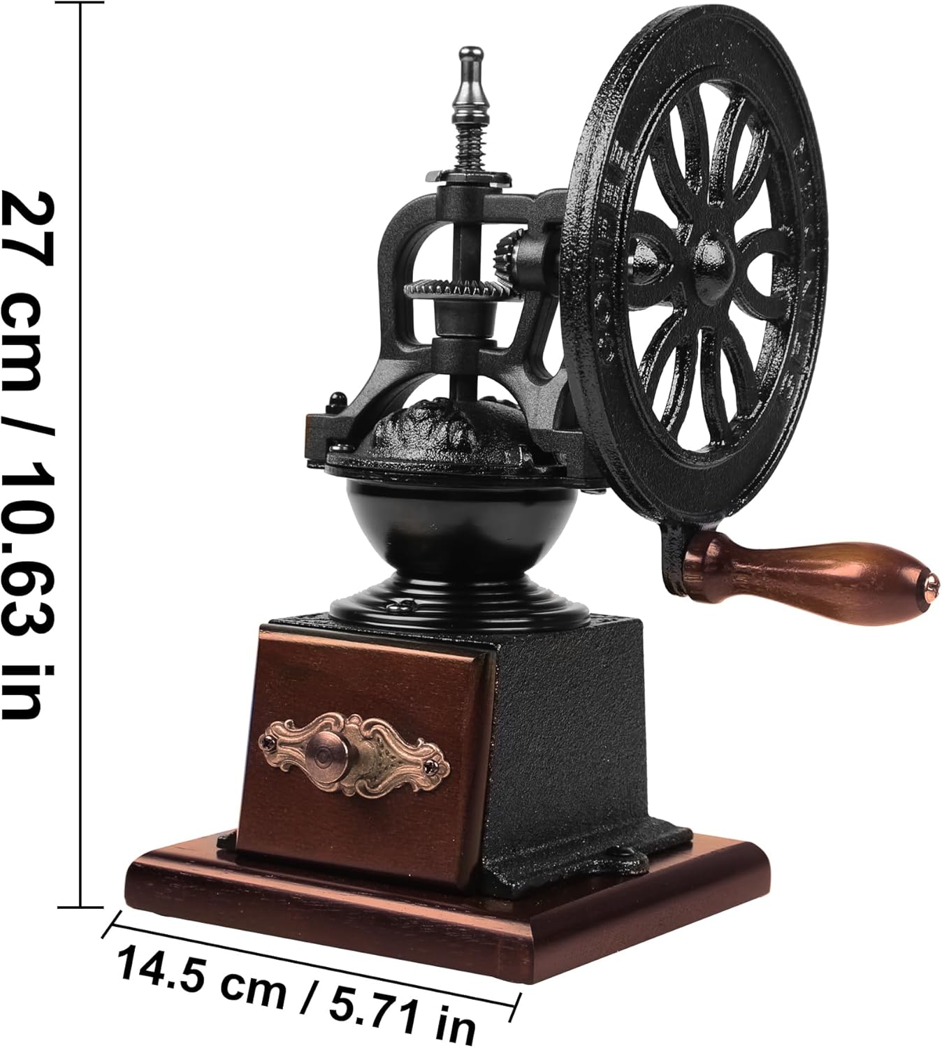 Vintage Manual Coffee Grinder with Cast Iron Wheel, Wood Handle, Carbon Steel Grinding Core, Black and Brown, 10.63x5.71 Inch