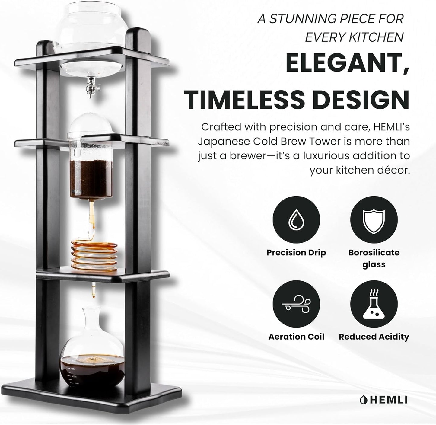 Cold Drip Coffee Maker, Cold Brew Coffee Tower, Slow Drip Japanese Cold Brew Maker, 32 oz, Cold Brew Drip, Ice Coffee Tower (ICT2), Black