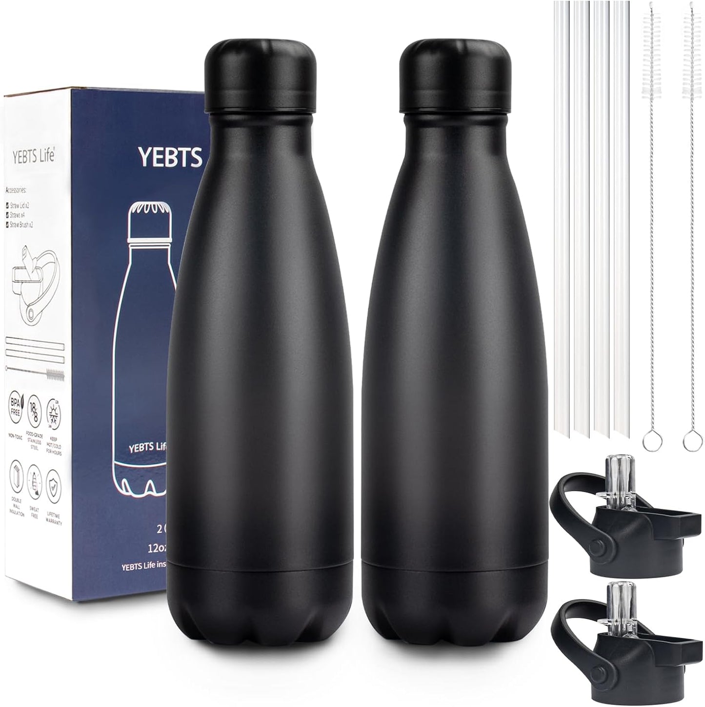 Insulated Water Bottle, 2 Pack-12oz Stainless Steel Water Bottles with straw lid, Metal Sports Water Bottles for Boys,Girls, Double Wall Vacuum BPA-Free Flask for School,Sports & Travel-Black