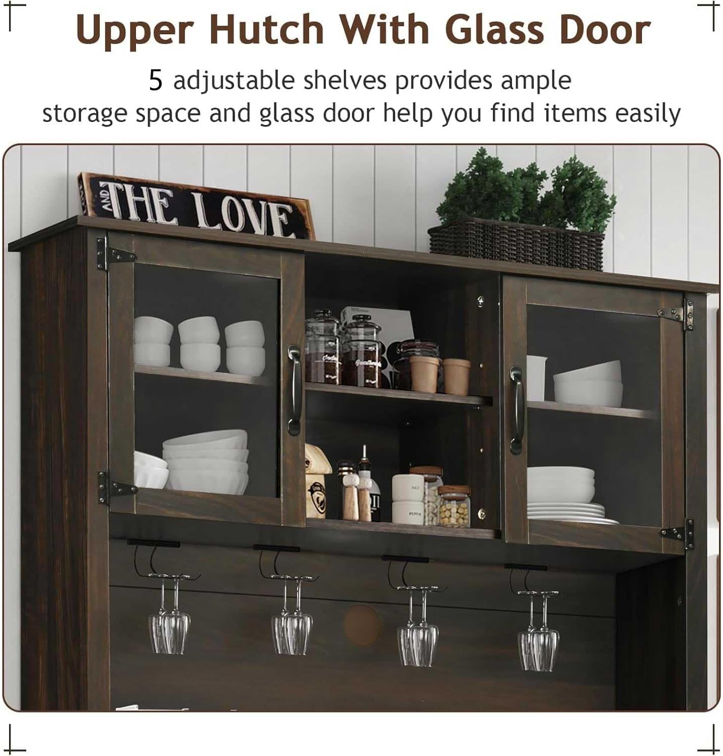 4ever2buy Farmhouse Coffee Bar Cabinet with 4 Mug Hooks, 72 Inch Wine Bar with with Hutch and 2 Sliding Barn Doors, Tall Coffee Bar with 9 Wine Racks for Living Dining Room, Dark Oak