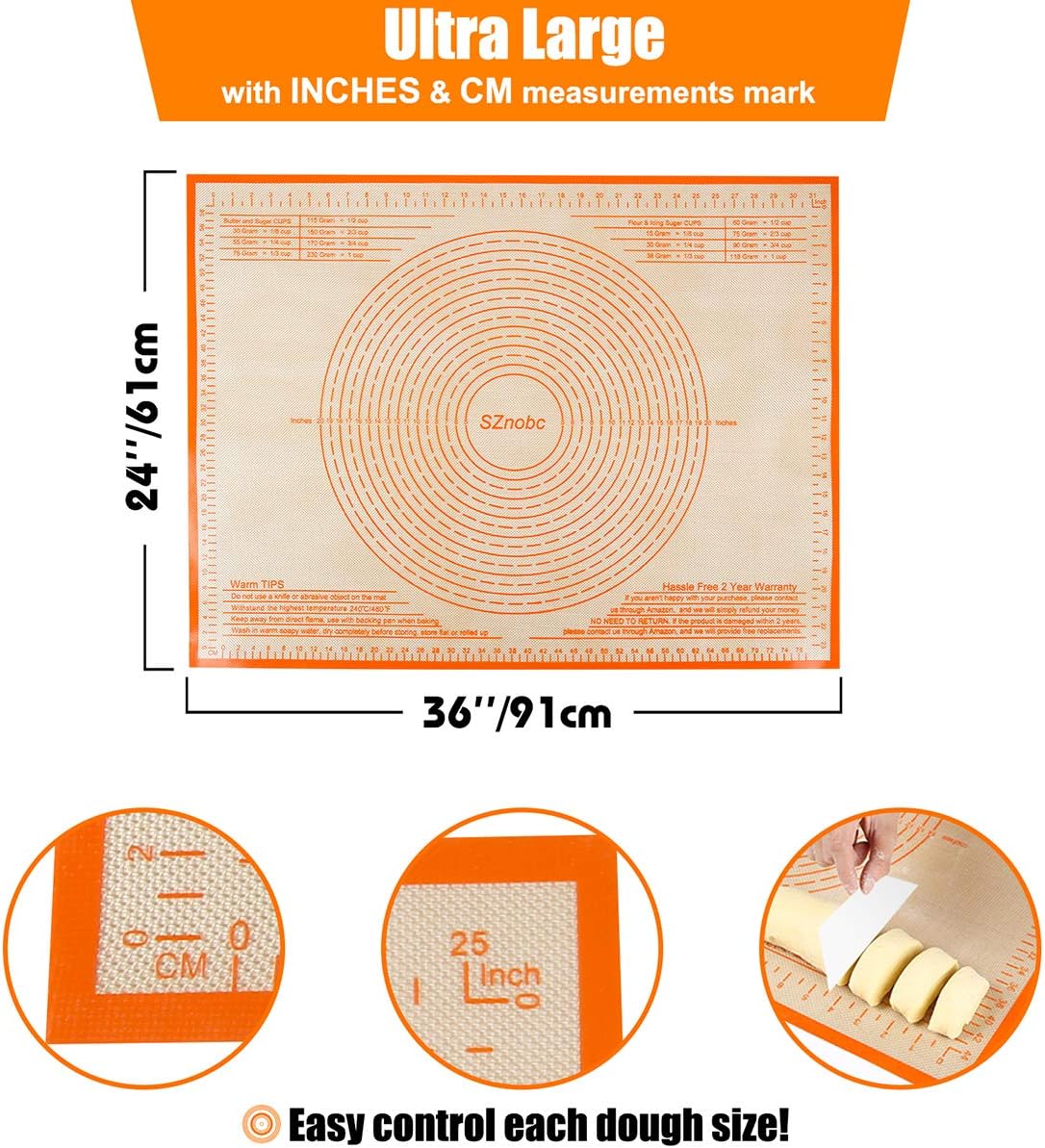 Silicone Pastry Mat 36X24 Inches Baking Mat with Measurement, Perfect for Dough, Pastry, Cookies, Pie Crust, Fondant, Bread, Sourdough, Pasta, Pizza, Kitchen Counter Mat