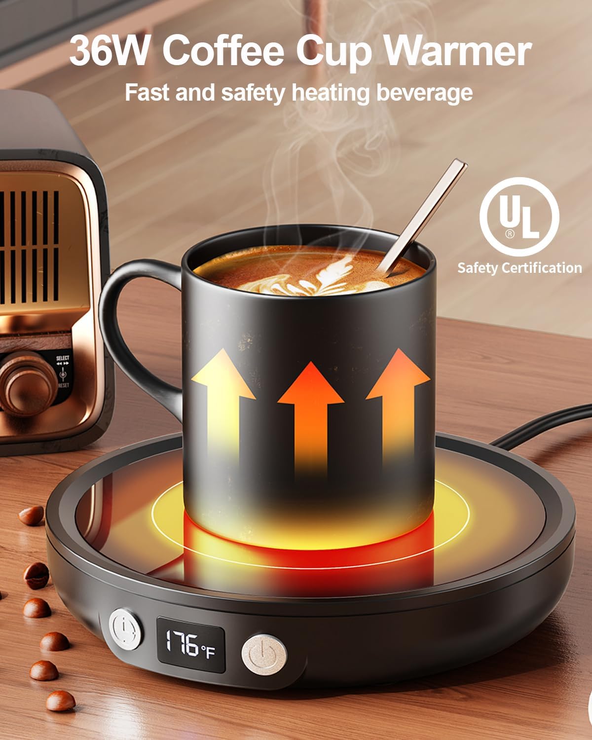 SWEETFULL Mug Warmer - Upgraded 36W Coffee Cup Warmer for Desk with 130℉-176℉ Digital Display, 2-12H Timer Auto Shut Off, Smart Electric Coffee Heating Plate, Ideal Gifts for Women Men - Black