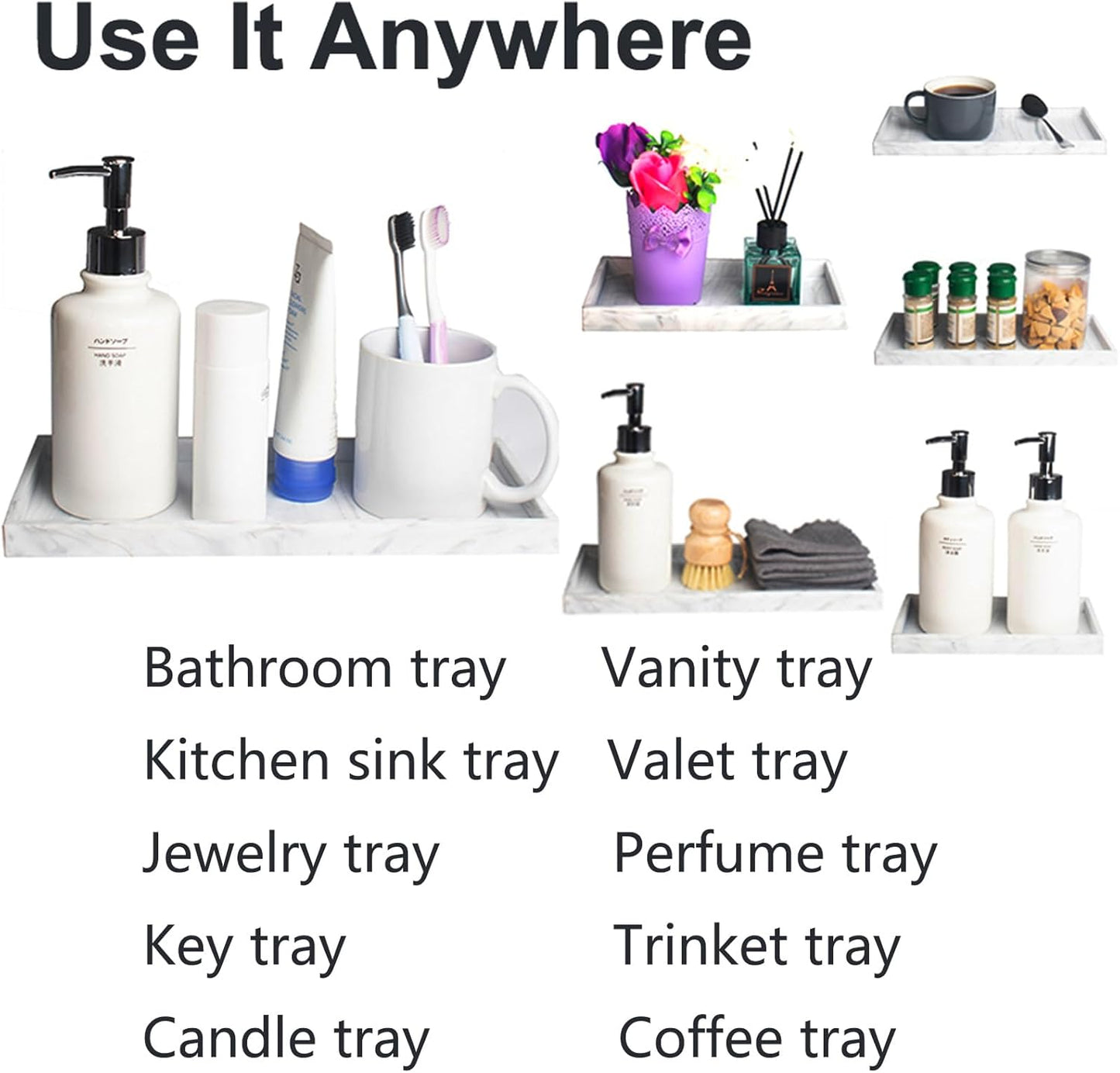 DNC Silicone Bathroom Vanity Tray for Counter, 11.8" Kitchen Sink Soap Tray for Dish Holder Dispenser Countertop Toilet Tank Decor Organizer Marble White